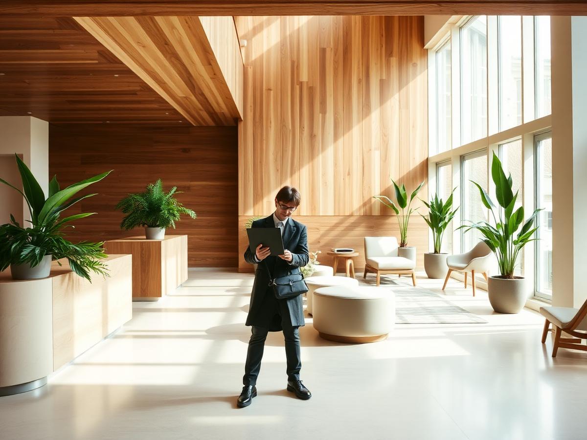 Certified eco hotel lobby with reclaimed wood and plants, business traveller working